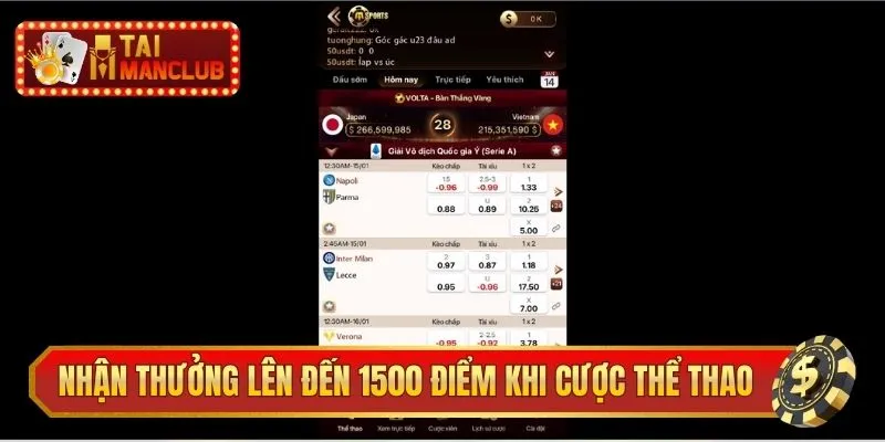 Nhận thưởng thắng lên đến 1500 điểm khi cược thể thao